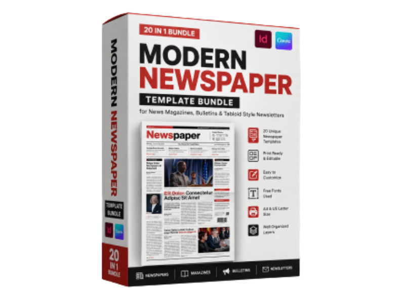 Modern Newspaper Template Bundle – 20 in 1 Editable News Magazine Templates for InDesign & Canva